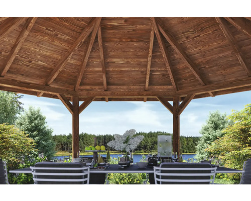 Pavillon de jardin en bois avec table et chaises dans le jardin