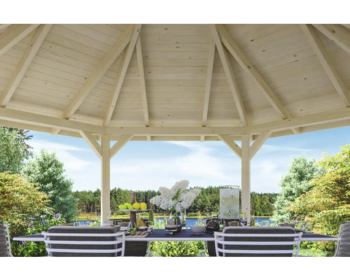 Pavillon de jardin en bois avec table et chaises dans le jardin