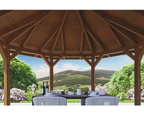 Pavillon de jardin en bois avec table et chaises dans le jardin