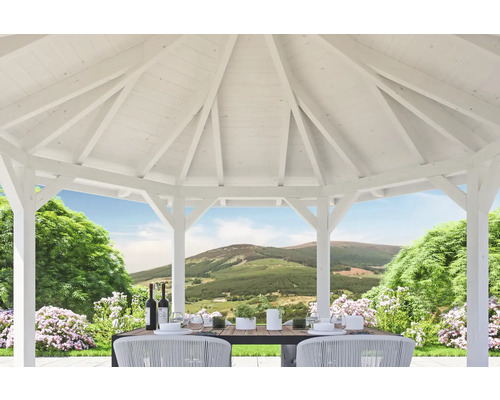 Pavillon de jardin en bois blanc avec table et chaises