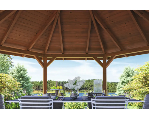 Pavillon de jardin en bois avec table à manger et vue sur le jardin