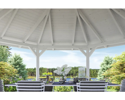 Vue dans un pavillon de jardin avec table et chaises