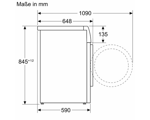 Maße einer Waschmaschine in Millimeter Darstellung.
