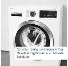 Machine à laver Bosch blanche avec des accents en acier inoxydable