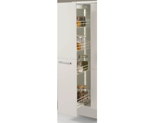 Meuble de cuisine avec panier en fil métallique coulissant et bocaux de provisions