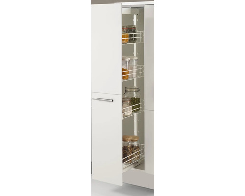 Armoire de cuisine avec étagère à provisions coulissante et divers aliments dans des bocaux