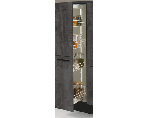 Armoire de cuisine avec rangement coulissant pour provisions, remplie d''aliments dans des bocaux et des récipients