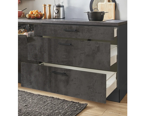 Meuble bas de cuisine avec tiroirs ouverts