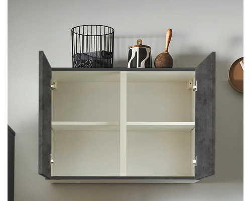 Armoire murale avec portes grises ouvertes et deux compartiments