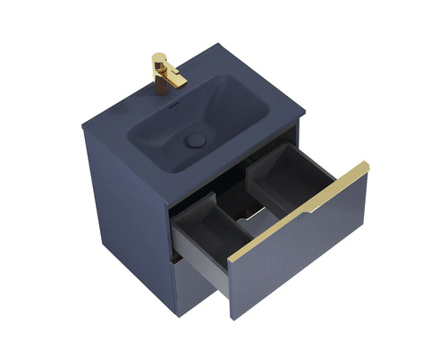 Waschbeckenunterschrank mit offenem Schubfach und goldfarbener Armatur