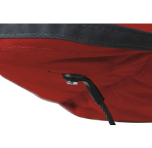 Vue détaillée d''un tissu de store rouge et gris avec élément de fixation