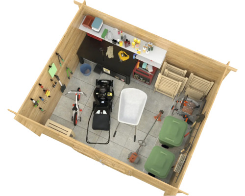 Innenansicht eines hellen Gartenhauses mit Gartengeräten, Werkbank und Regalen