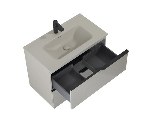 Meuble-lavabo avec tiroir ouvert et robinet