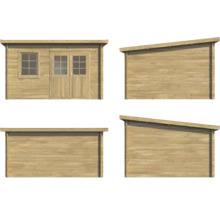 Holzgartenhaus mit Fenster und Doppeltür in vier Ansichten