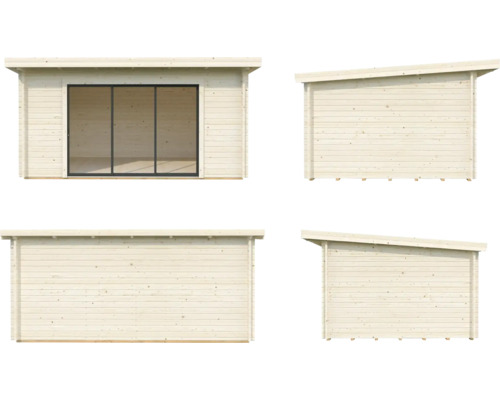 Ansichten eines Gartenhauses mit Pultdach und Schiebetür