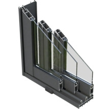 Schnittansicht eines Schiebefensters mit Aluminiumrahmen und Glas