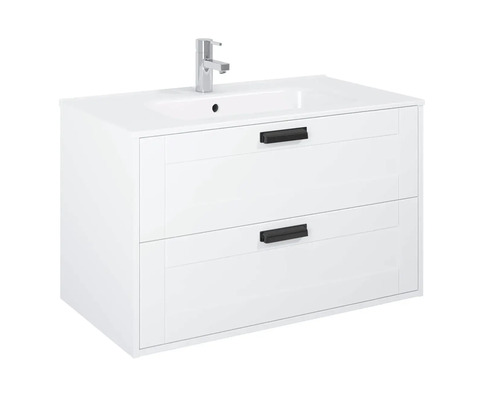 Weißer Waschtischunterschrank mit zwei Schubladen und Aufsatzwaschbecken