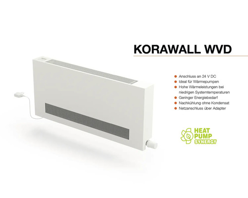 Kora Wandkonvektor mit 24 Volt Gleichstromanschluss, geeignet für Wärmepumpen und mit Netzanschluss über Adapter
