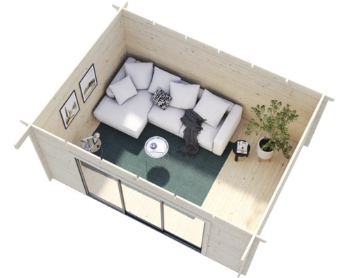 Holzgartenhaus Inneneinrichtung mit Sofa, Tisch und Dekoration