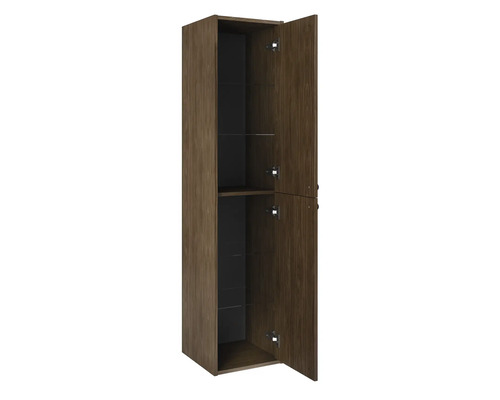 Armoire haute avec deux portes ouvertes et étagères en verre