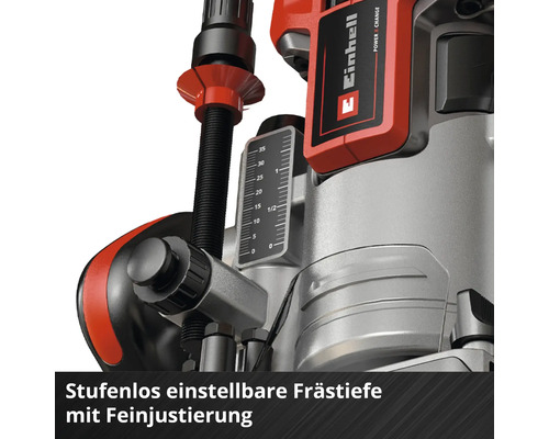 Vue détaillée d'une défonceuse Einhell avec réglage de la profondeur et logo Einhell.