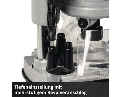 Gros plan sur une défonceuse avec réglage de la profondeur et butée revolver à plusieurs niveaux.