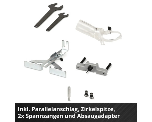 Kit d'accessoires avec butée parallèle, pointe de compas, deux pinces de serrage et adaptateur d'aspiration