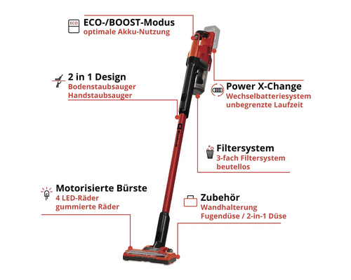 Aspirateur sans fil Einhell avec mode ECO Boost, design 2 en 1, système de batterie Power X-Change, système de filtration, brosse motorisée, roues LED et accessoires