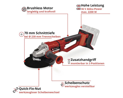 Einhell Akku-Winkelschleifer mit bürstenlosem Motor, 36 V Akku-Power und werkzeugloser Scheibenverstellung