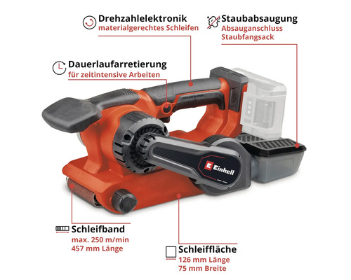 Einhell Akku-Bandschleifer mit Staubabsaugung und Drehzahlregelung