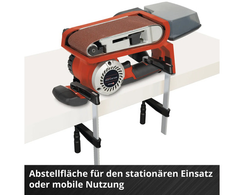 Stationäre Bandschleifmaschine zur Verwendung auf einer Werkbank.