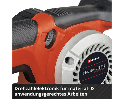 Detailaufnahme einer Einhell Schleifmaschine mit Drehzahleinstellung und Brushless Energy Logo.