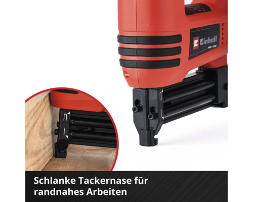 Einhell Logo. Detailansicht eines Elektrotackers mit schmaler Tackernase für randnahes Arbeiten.