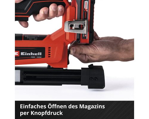 Einhell Logo. Akku-betriebener Tacker mit Magazinöffnung per Knopfdruck.