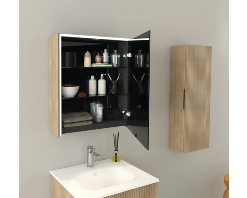 Salle de bains avec armoire de toilette ouverte, lavabo et armoire suspendue