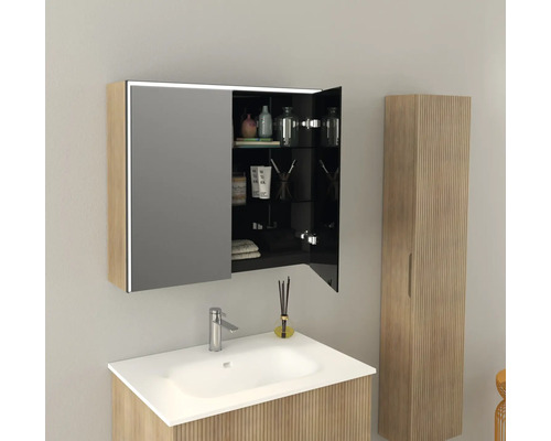 Salle de bains avec lavabo, armoire de toilette et armoire haute