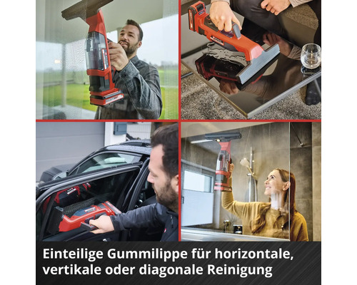 Akkubetriebener Fenstersauger in Anwendung zur Reinigung von Fenstern, Spiegeln, Autofenstern und Duschkabinen