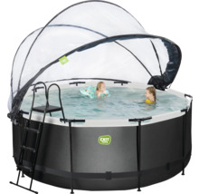 Piscine hors-sol ronde avec auvent et échelle. Deux enfants jouent dans l''eau. Logo Exit Toys.