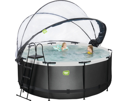 Piscine hors-sol ronde avec auvent et échelle. Deux enfants jouent dans l''eau. Logo Exit Toys.