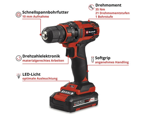 Akkubohrschrauber mit Schnellspannbohrfutter, Drehzahlelektronik, LED-Licht und Softgrip