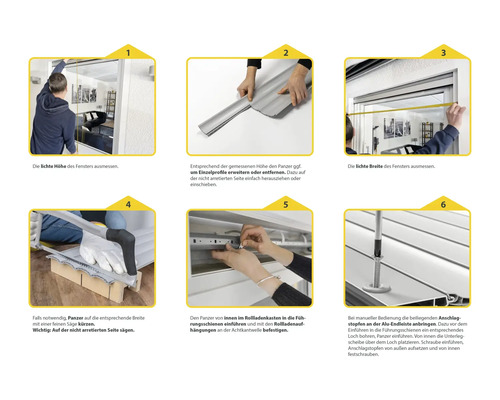 Anleitung zur Rollladenmontage in sechs Schritten: Fenster ausmessen, Rollladenpanzer anpassen, Führungsschienen montieren.