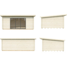 Ansichten eines Gartenhauses mit Pultdach und großer Fensterfront