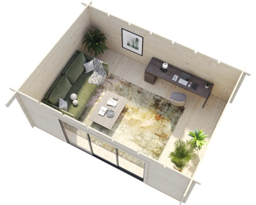 Vue intérieure d''une cabane de jardin en bois avec un coin salon et un coin bureau