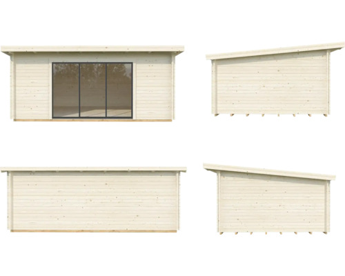 Gartenhaus aus Holz mit Schiebetür, Ansichten von vier Seiten