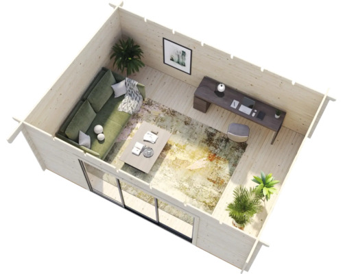 Innenansicht eines Holzgartenhauses mit Wohn- und Bürobereich