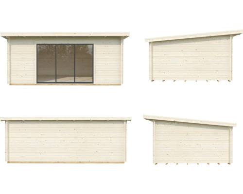 Mehransicht eines Gartenhauses mit Pultdach und großem Fenster