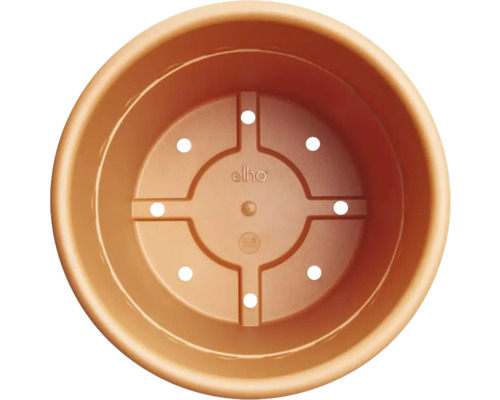 Innenansicht eines runden Pflanztopfs aus Kunststoff mit Drainagelöchern