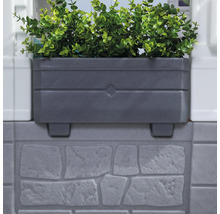 Jardinière grise avec plantes vertes sur un mur