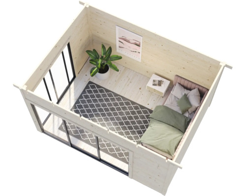 Illustration eines Holzhauses mit Fensterfront, Bett, Teppich und Zimmerpflanze