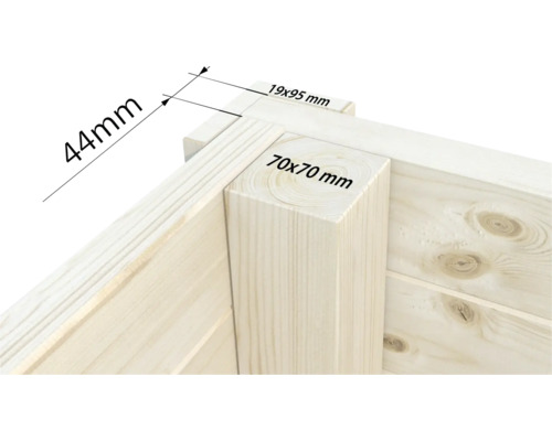 Detailansicht Holzwand mit Maßen 44 mm, 19 x 95 mm und 70 x 70 mm